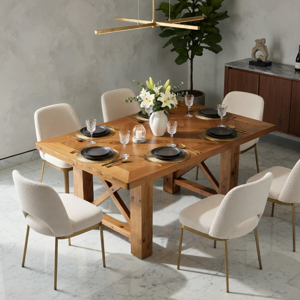 Hommoo 63 Inch Solid Fir Wood Dining Table with Herringbone Parquet Top, Rustic Farmhouse Rectangle Kitchen Table for 4-6 People, X-Frame Design, Natural