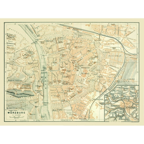 Historic Map - Wurzburg Germany - Baedeker 1914 - Vintage Wall Art
