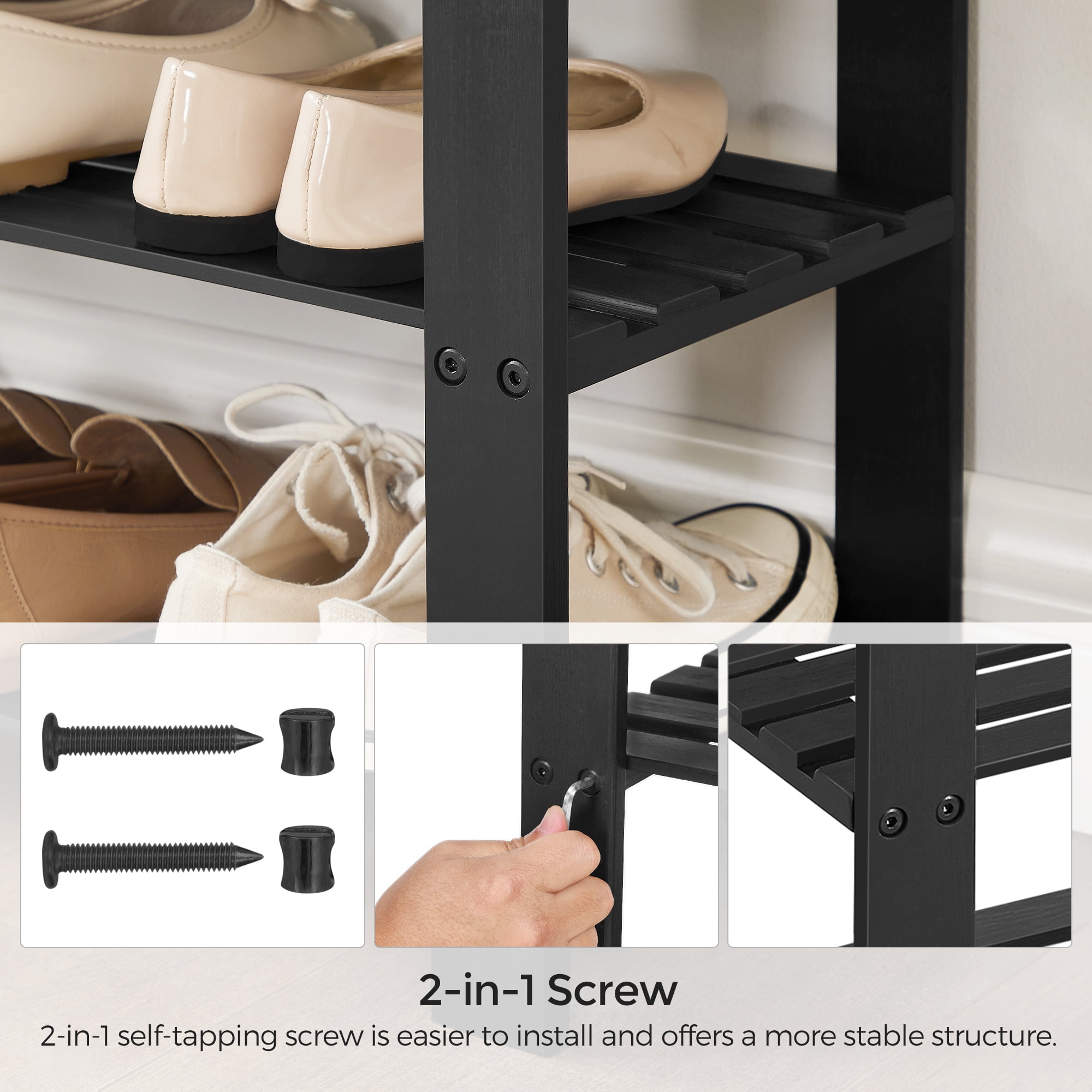 3-Tier Shoe Rack Bench, Hallway Bamboo Organizer, Home Storage Shelf with Holds 286 lb, Black