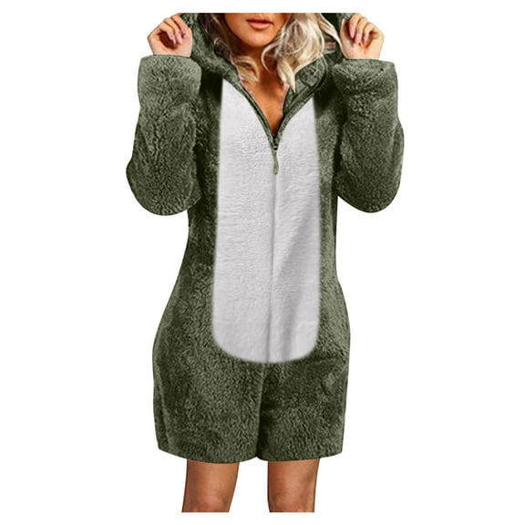Color Block Fleece Warm Rompers for Women 2024 Zip Up Furry Thermal Jumpsuit Shorts Long Sleeve Cat Ear Hooded Pajama