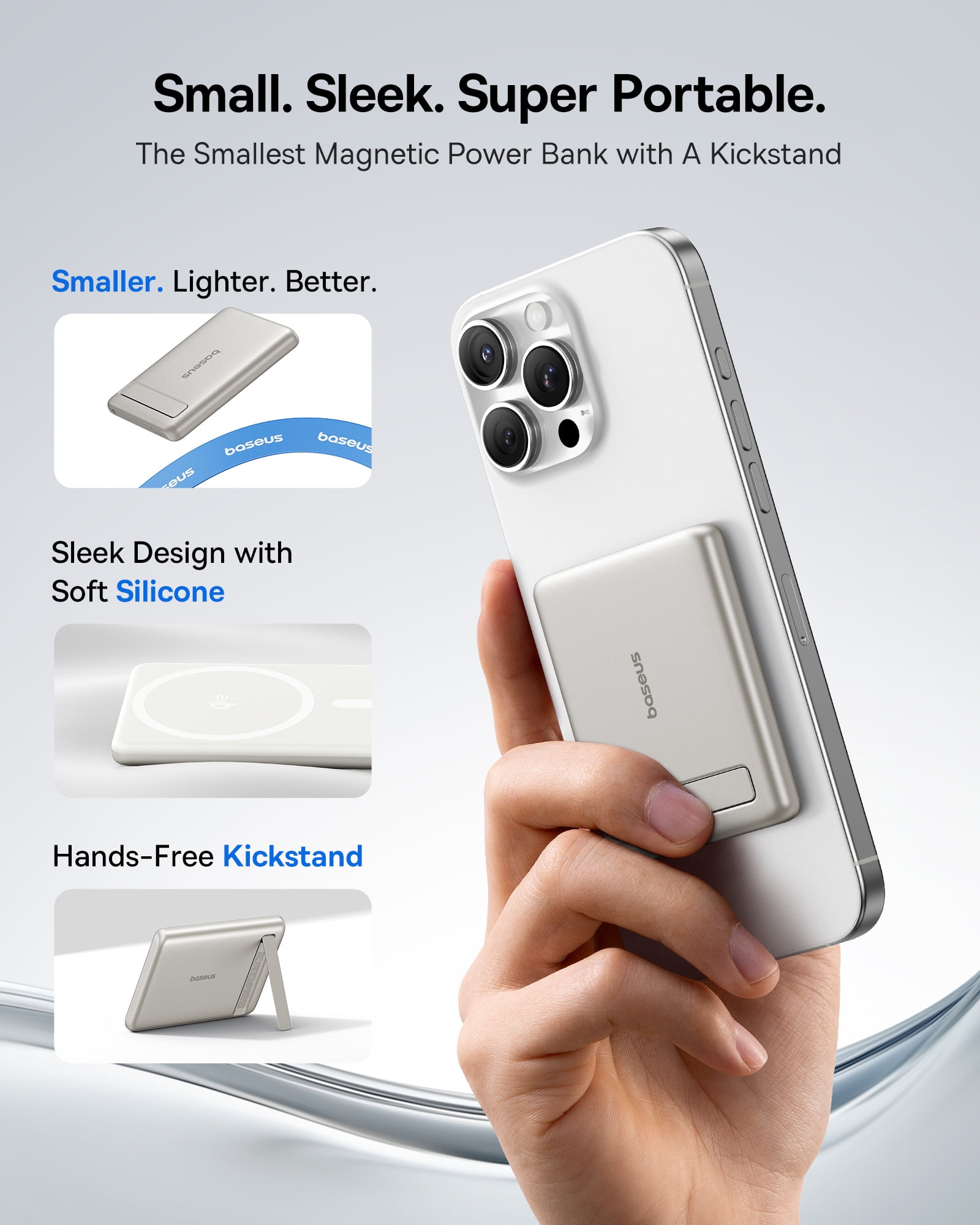 Baseus PicoGo Ultra-Slim Magnetic Power Bank 5000mAh 15W , Portable MagSafe Battery Pack with Foldable Stand, Qi2 Certified 15W Wireless Fast Charger for iPhone 17/16/15/14/13 Series