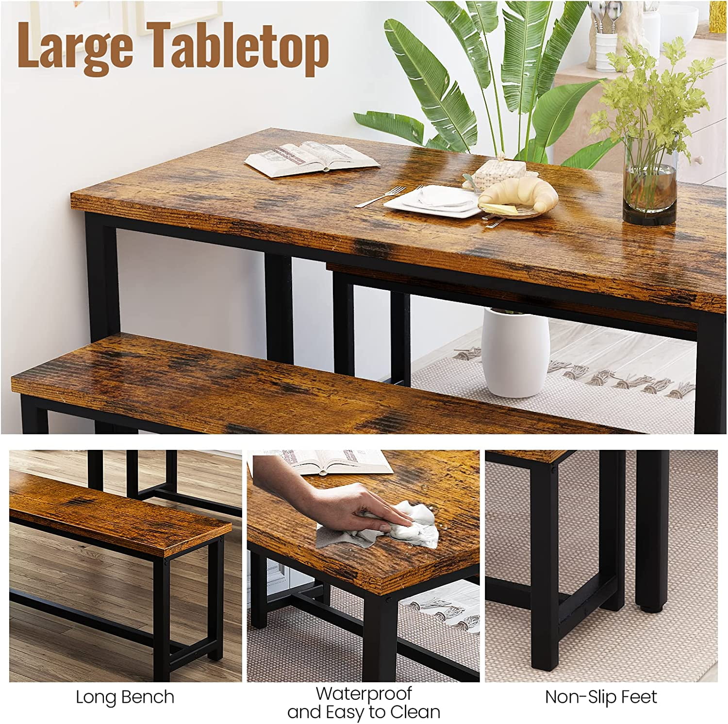 Cvortll Dining Table Set, Rectangular Dining Table and Chairs for 4-6, Modern Wood Dining Room Table Set Kitchen Table Set with Two Benches & Metal Frame for Kitchen, Restaurant