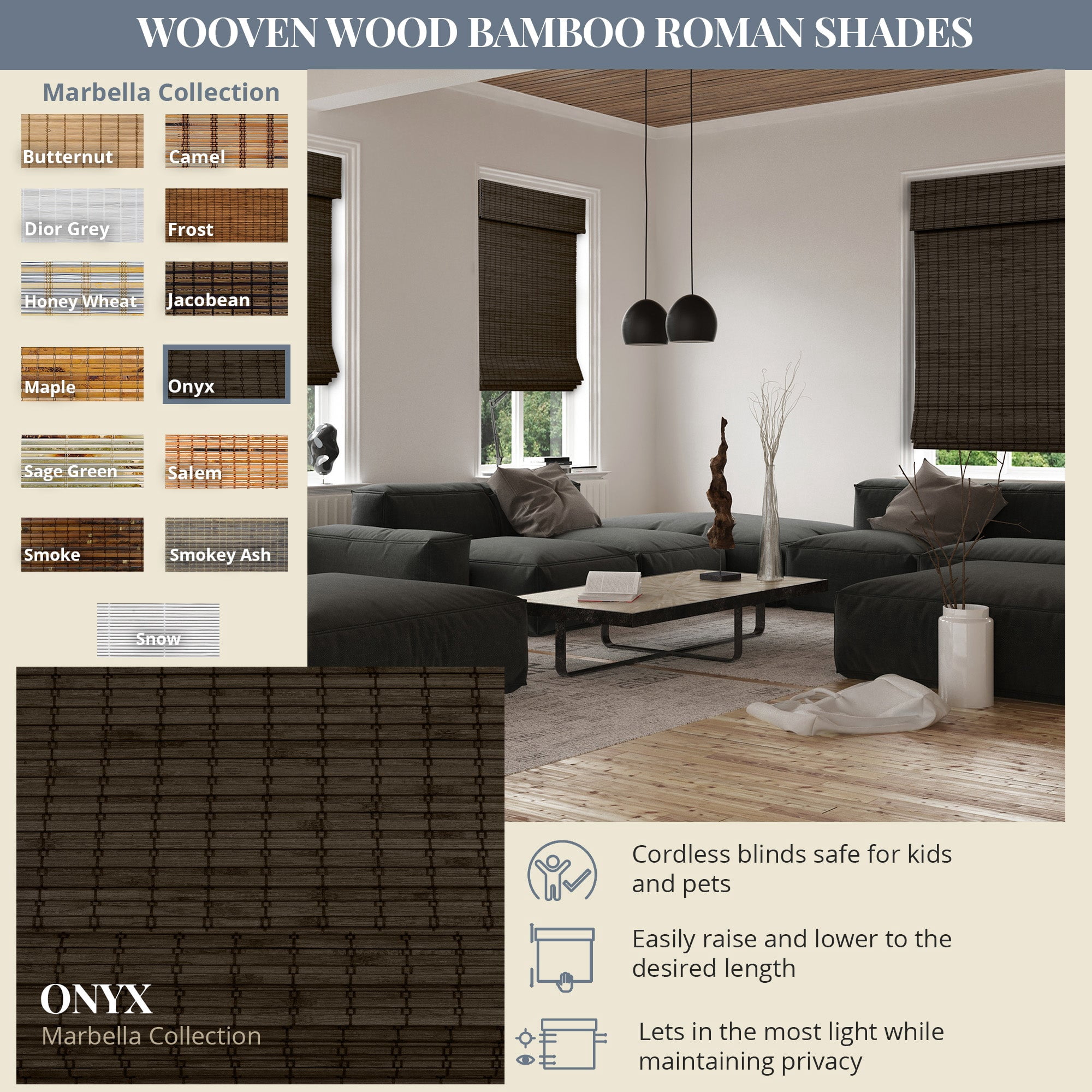 Natural Woven Light Filtering Cordless Bamboo Roman Shades for Windows, 28.5 in. W x 48 in. L, Onyx