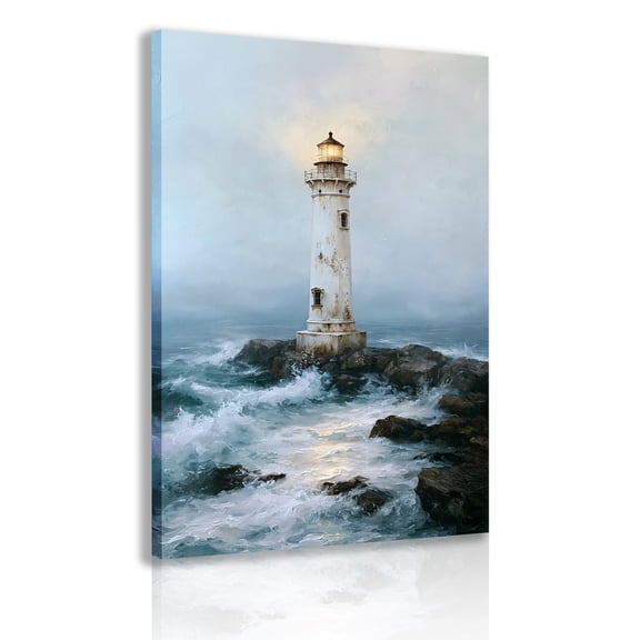 Rocky Coast Vintage Lighthouse Canvas Wall Mural Frame, Maritime Theme Painting, Suitable for Bathroom Ocean Decor Posters