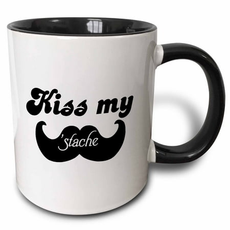 

3dRose Funny Kiss my stache mustache humor - Black and white moustache fun wordplay pun joke Two Tone Black Mug 11oz