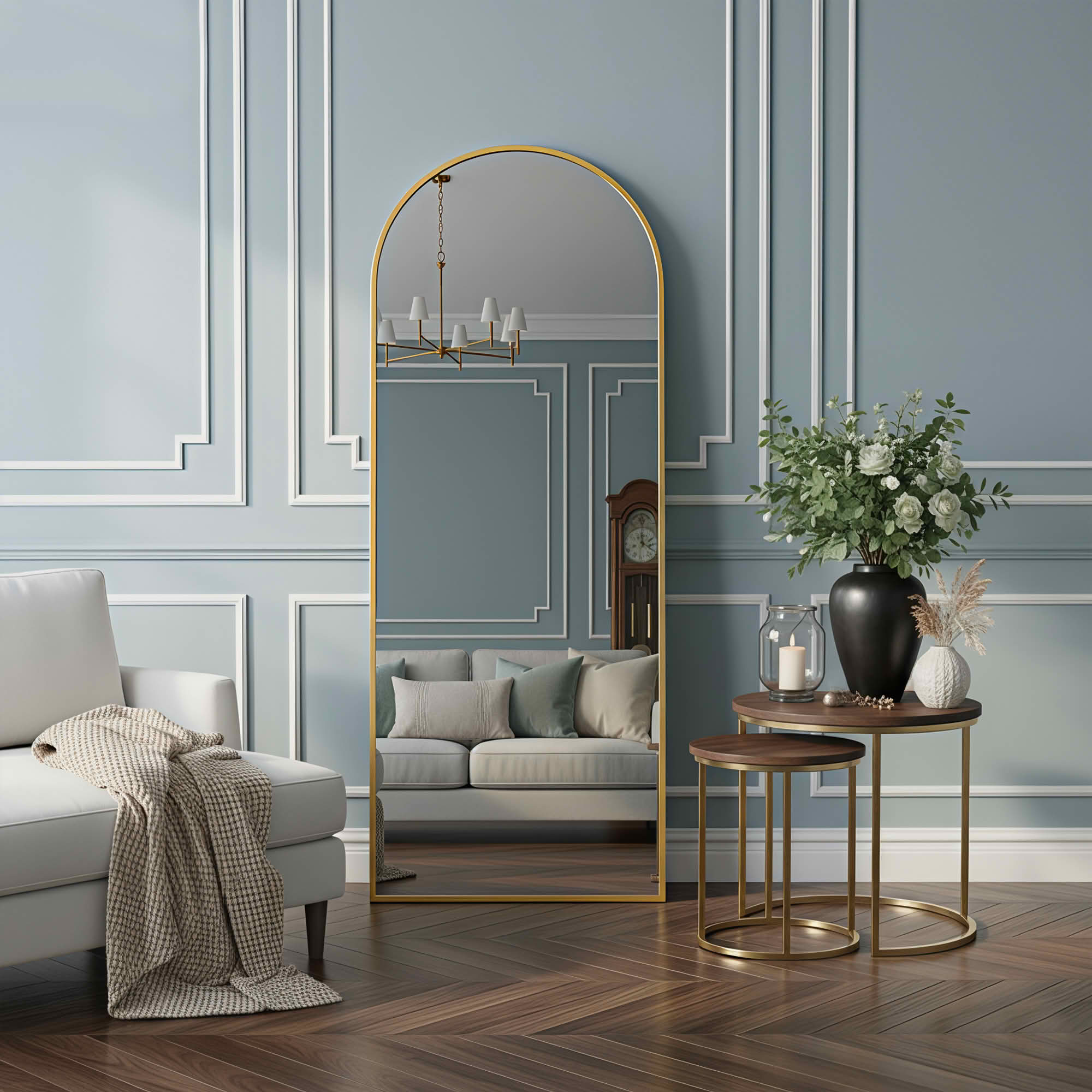 MAYEERTY 57x20in Aluminum Full-Length Mirror, Arch Shape Tempered Glass With Stand, Gold