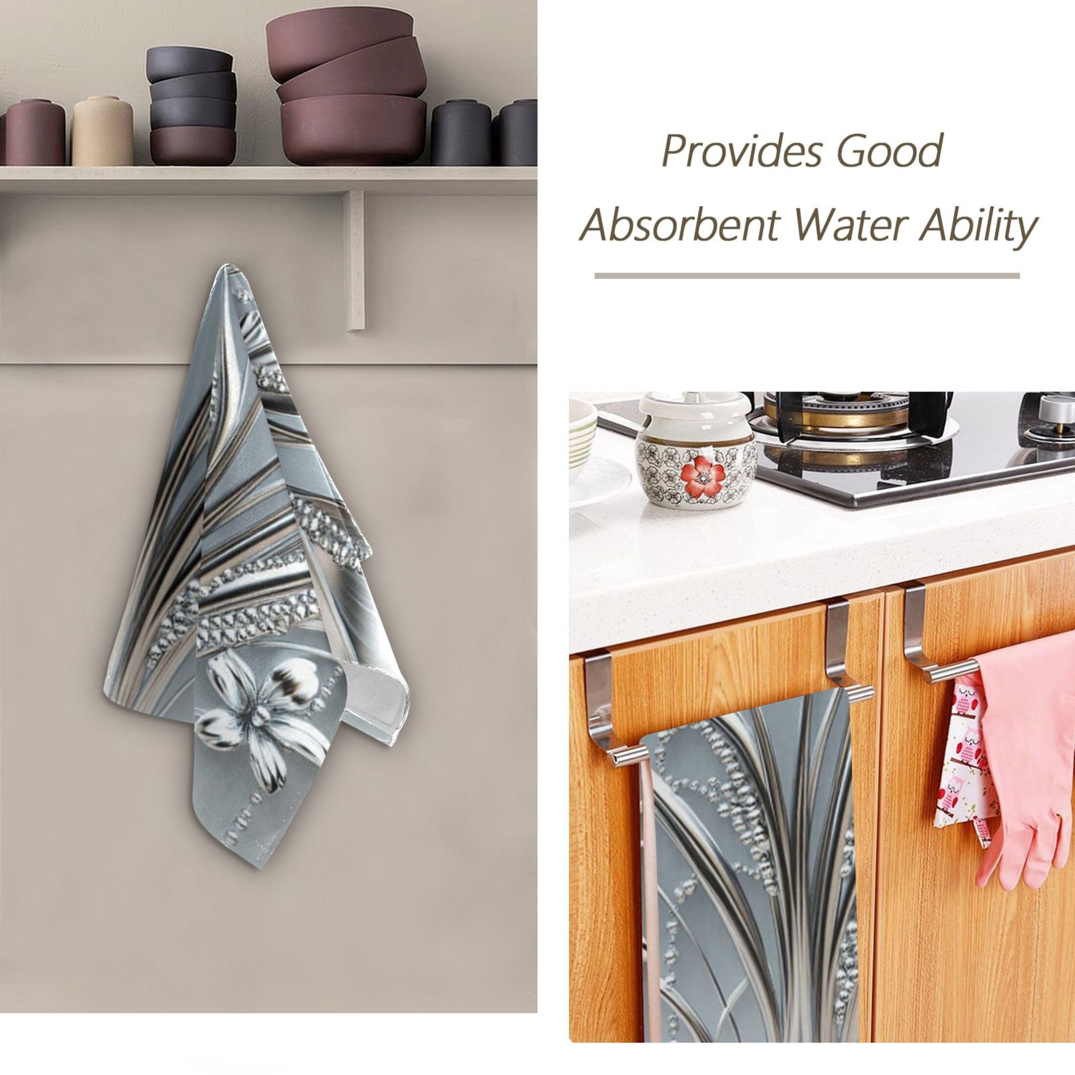 2-Piece Polyester cotton Towel Set Absorbent Grey Metal Silver Flower Leaf Hand Towel Bath Towel Soft and Comfortable Machine Wash 28.3x14.4
