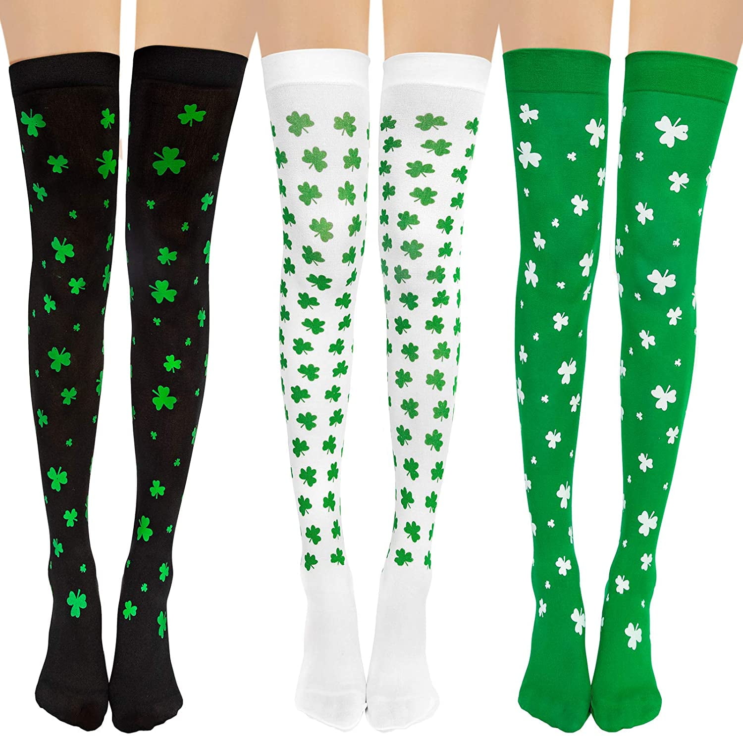 St Patrick Day Party Stockings Thigh High Green & White Stripes & Shamrocks