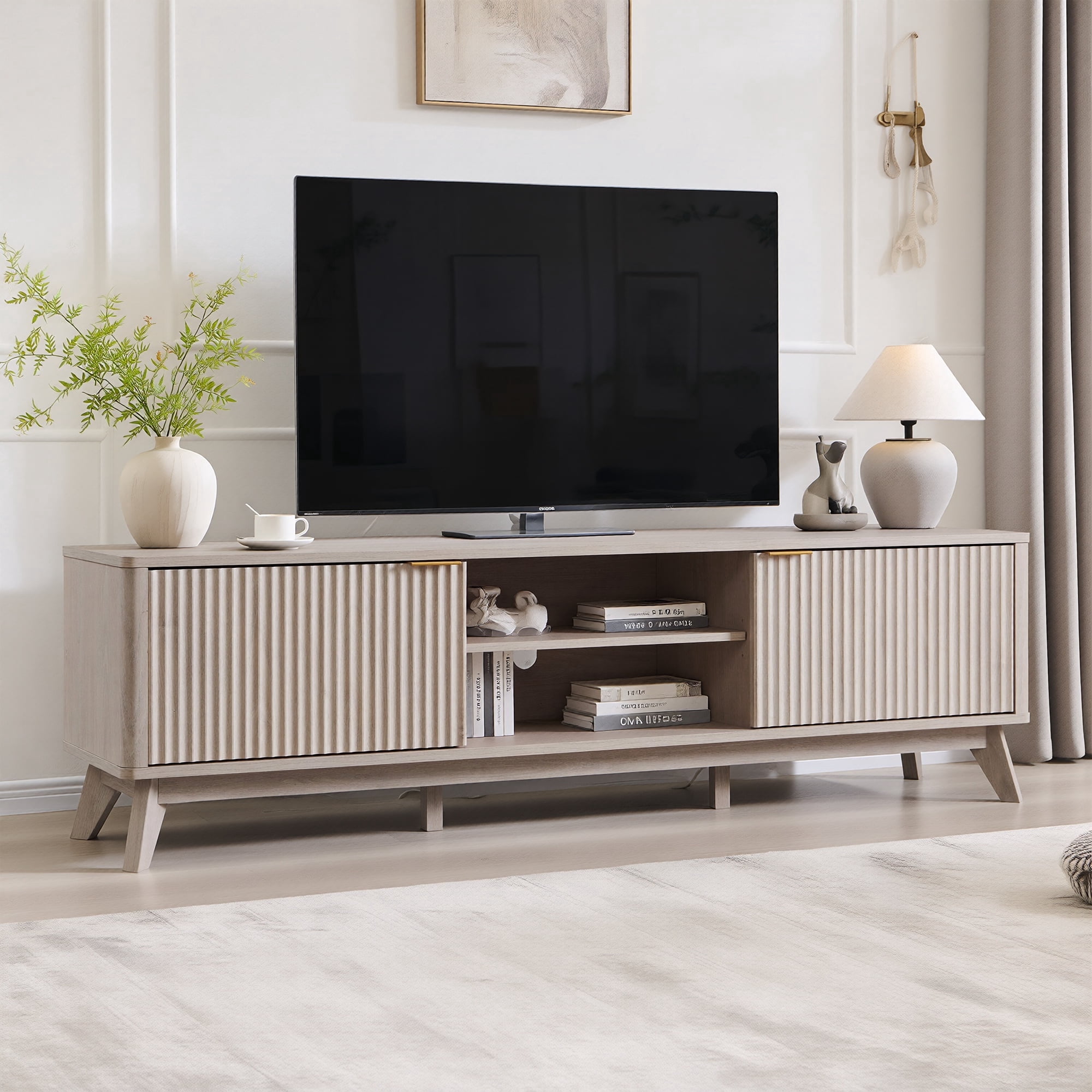 OKD 70" Modern Farmhouse TV Stand with 2 Soft Close Door, Fluted Entertainment Center Console Table, Media Furniture for Living Room, Alder White