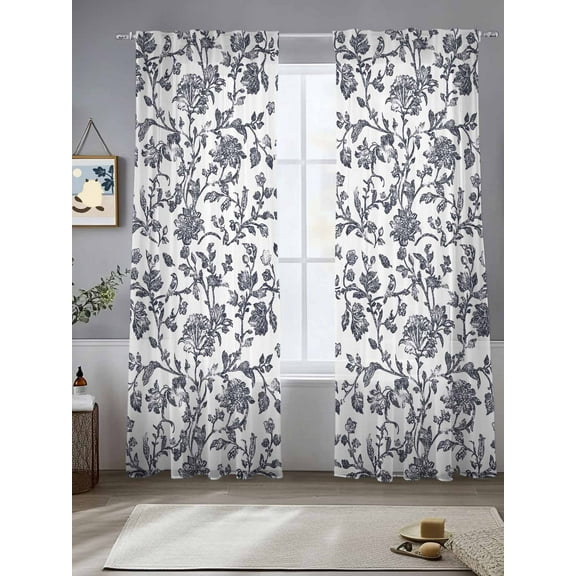 Dark Blue Flowers Sheer Curtains for Living Room Bedroom Pastoral Vintage Farmhouse Leaf Spring Sheer Curtains 84 Inch Long 2 Panels Set Light Filtering Curtain Window Treatments Drapes
