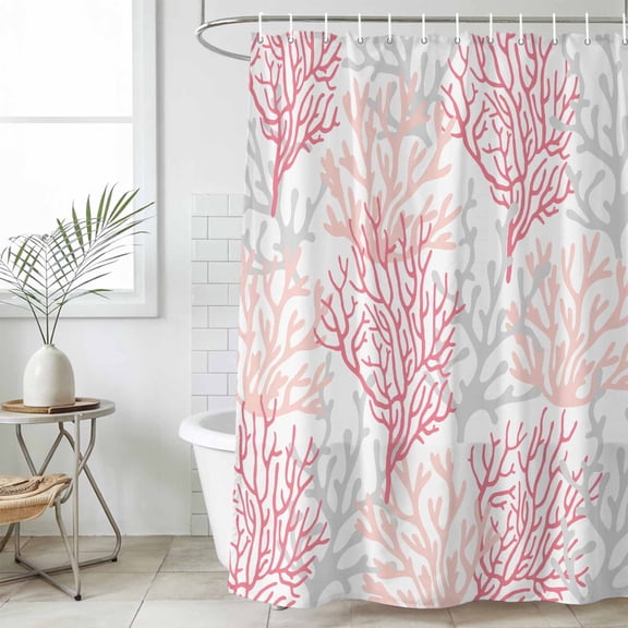 Pink Grey Coral Coastal Waterproof Shower Curtain, Large 72"x78" Washable Polyester Fabric Shower Curtains for Bathroom, Summer Beach Seaside Nautical Decorative Bathtub Curtain Sets with Hooks