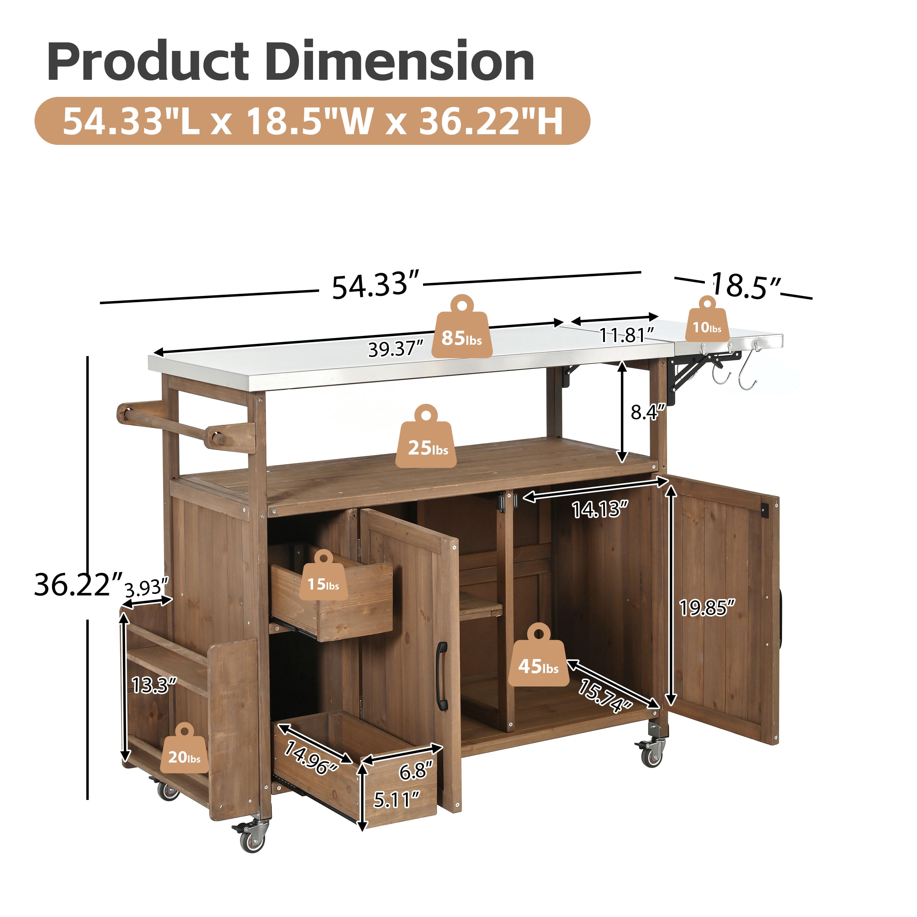 Rolling Kitchen Cart, 54.33 Inch Farmhouse Outdoor Serving Cart for Patio Backyard BBQ, White
