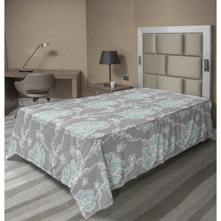 Floral Flat Sheet, Abstract Design Lace Background Victorian Inspired Image Vintage Soft Colors, Soft Comfortable Top Sheet Decorative Bedding 1 Piece, 6 Sizes, Grey Seafoam Tan, by Ambesonne