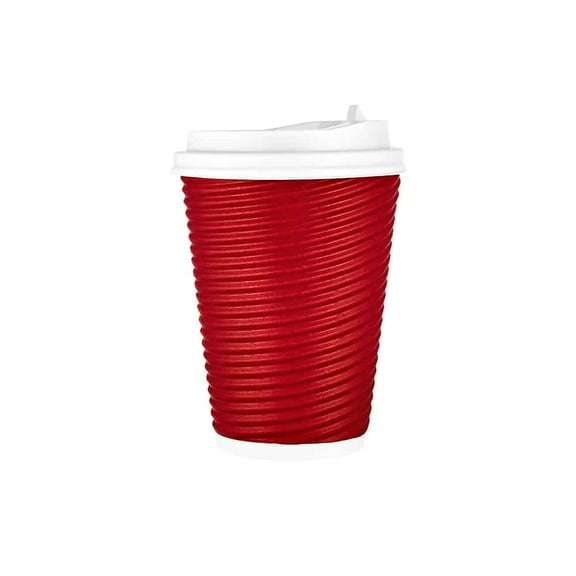 EcoQuality 12oz Maroon Ripple Hot Cup with Lid - Biodegradable Disposable Paper Cups - Eco-friendly Hot Cups for Home, Office, Events, Wedding, Parties (30)