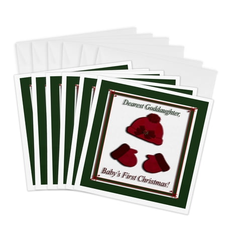 3drose Red Cap and Mittens Babys First Christmas Goddaughter Poinsettia Bow 6 Greeting Cards with Envelopes