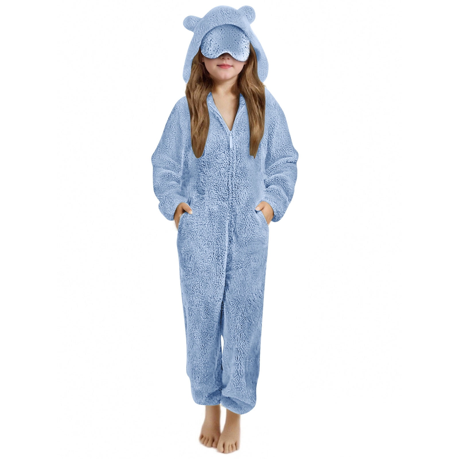 nerohusy Girls Fleece Zip Up Jumpsuits with Eye Mask Built In Kids Cat Ears Hooded Rompers Cozy Fuzzy Cute Animal Onesie Winter Warm Zipper Playsuit Blue,11 Years