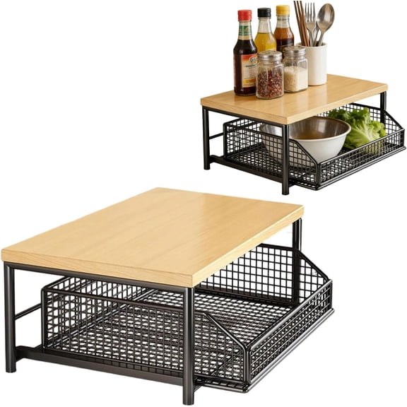 Kitchen Countertop Organizer with Drawer & Wire Basket – Sturdy Hardwood Shelf, Space-Saving for Coffee Maker, Spice Jars, Kitchen Utensils