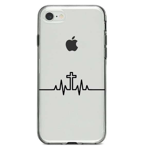 DistinctInk Clear Shockproof Hybrid Case for iPhone 7 8 SE (2020 Model) 4.7" Screen TPU Bumper Acrylic Back Tempered Glass Screen Protector - Heartbeat Cross Sinus Rhythm
