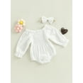 thumbnail image 3 of Baby Girls Romper Set Long Sleeve Off-shoulder Hollowed Pleated Solid Romper with Hairband, 3 of 8