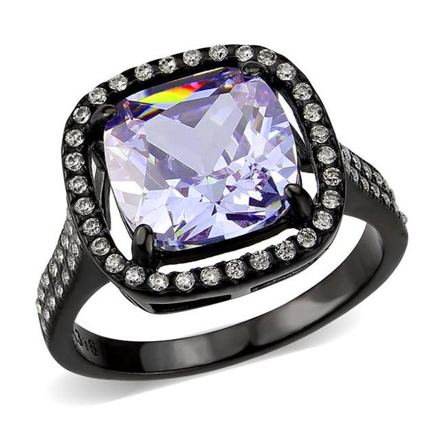 IP Black Stainless Steel Ring with AAA Grade CZ, Light Amethyst - Size 9