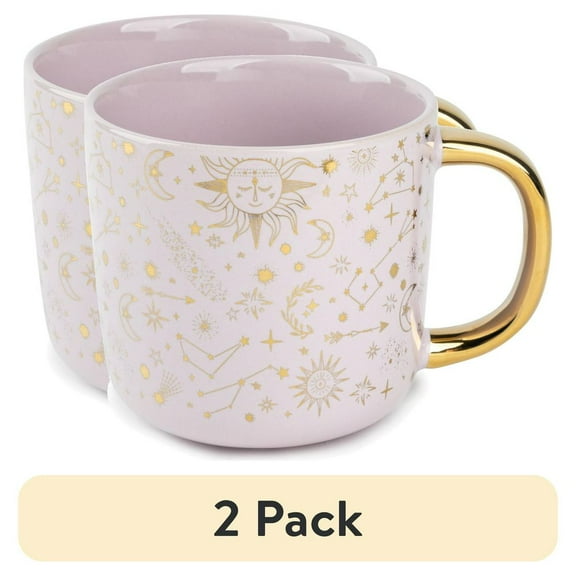Set of Two 16 Oz Stoneware Coffee Mugs with Gold Star Accents - Elegant Oversized Ceramic Cups for Hot Coffee, Tea, and Charming Tableware Displays