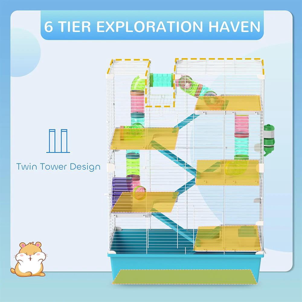 Topcobe 6 Tier Hamster Cage with Tubes and Tunnels, Hut, Wheel, Food Dish, Water Bottle, Ramps, for Dwarf & Gerbil, Indoor Outdoor Pet Shelter, Small Animal Habitat, Light Blue