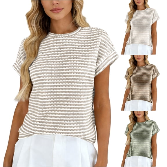 Viluyesy Women's T Shirts Short Sleeve Loose Fit Crew Neck Casual Striped Print Summer Daily Tops Beige Size M