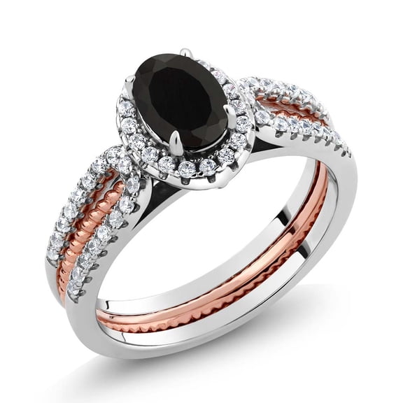 Gem Stone King 1.42 Cttw Black Onyx Wedding Band Engagement Insert Stackable Ring for Women | 925 Two-Tone Sterling Silver | Oval 7X5MM | Gemstone December Birthstone (Size 8)