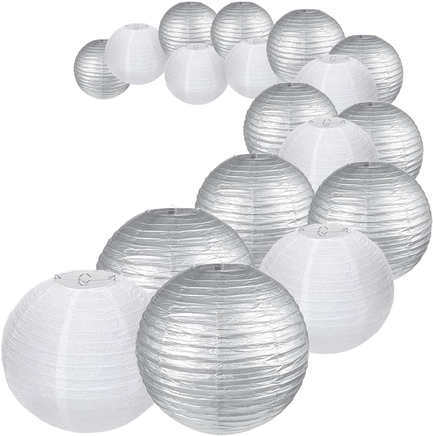 UNIQOOO 18PCS Metallic Silver Christmas Paper Lantern Set, Assorted Hanging Silver Japanese Paper Lantern Wedding Decor, Reusable Easy Assemble, for New Year Birthday Baby Shower Party Favor Supplies