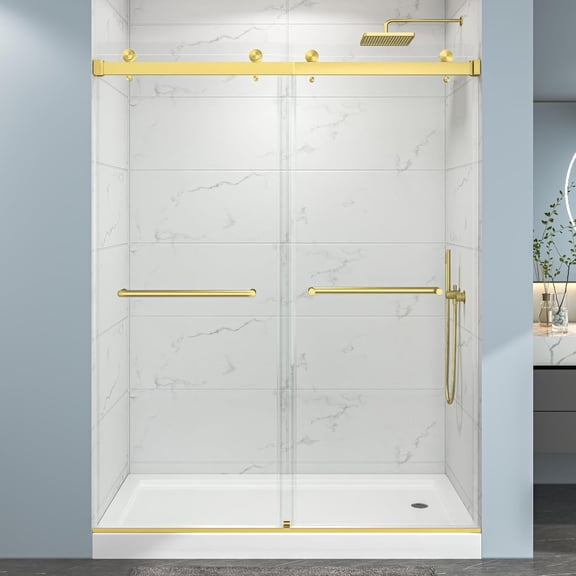55"-60" W x 76" H Brushed Gold Reversible Installation Double Bypass Sliding Shower Door Easy Installation Frameless Shower Door,5/16"(8MM) Tempered Glass With Nano Explosion-proof Film