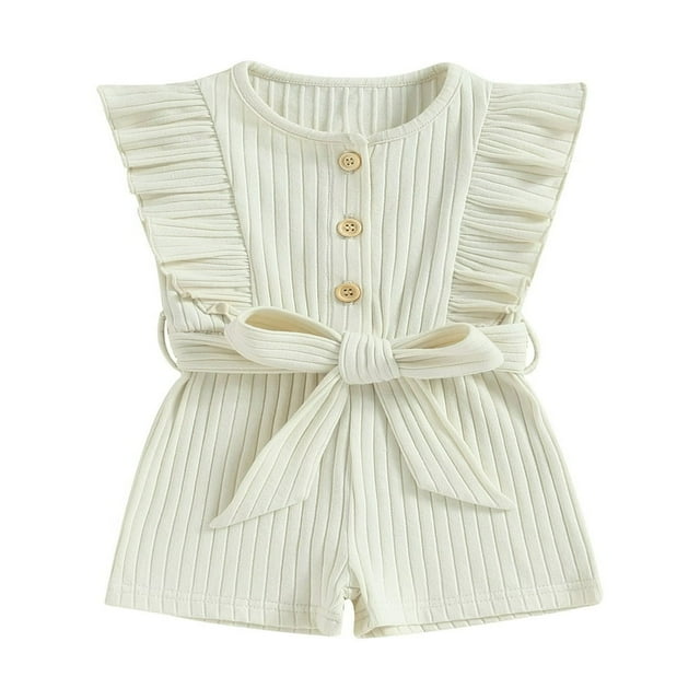 Toddler Baby Girl Clothes Rompers Ribbed Ruffle Sleeveless Button Belted Romper Short Jumpsuit Summer Outfit Brick Red 12-18 Months