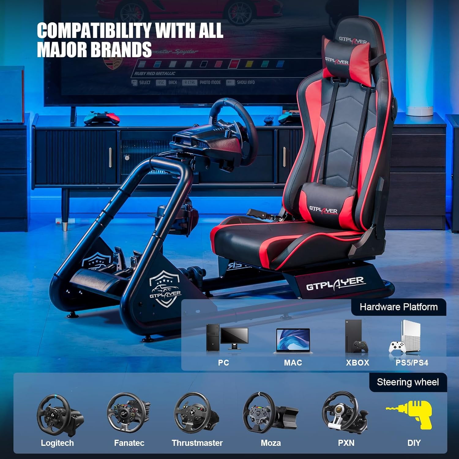 GTPLAYER Racing Simulator Cockpit Alloy Steel Adult Gaming Chair with Bluetooth Speakers, Red/Black