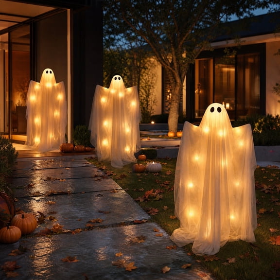 Halloween Hanging Ghost Lights, LED Ghost Ornament Outdoor Decoration Spooky Yard Display, Weather Resistant Holiday Party Decor for Front Yard Garden