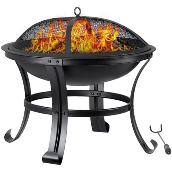 22 Inch Outdoor Firepit Wood Burning BBQ Grill Steel Firepit Bowl for Patio Backyard Garden Camping Picnic Bonfire w/Spark Screen Cover, Log Grate, Fire Poker