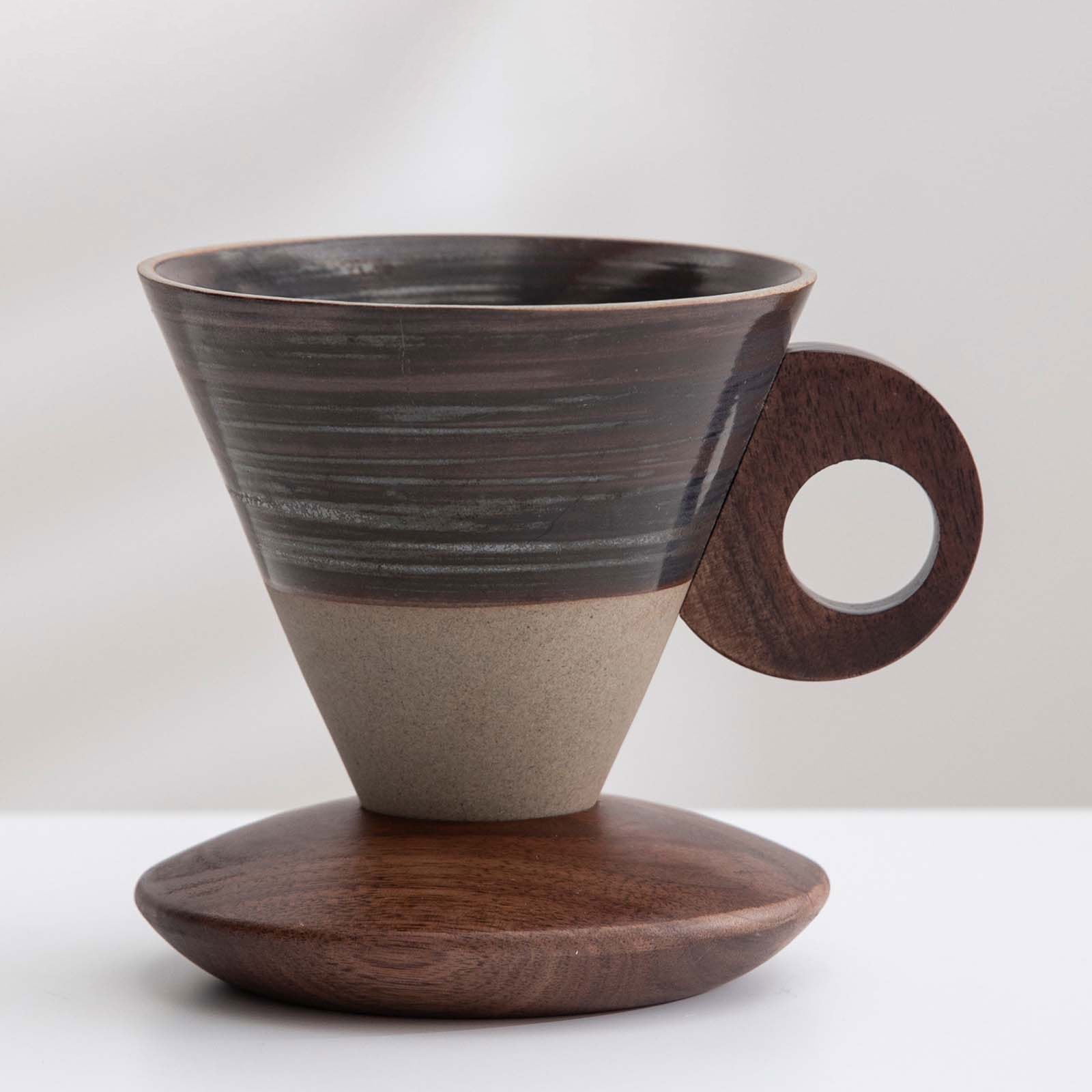 Elegant Conical Ceramic Coffee Cup with Solid Wood Base, Vintage Coarse Pottery Funnel-Shaped Mug for Home, Handcrafted Heat-Resistant Tea Coffee Cup, Pour-Over Espresso Brewing Mug, 200ml