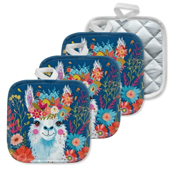 4 Pack Pot Holders,Kitchen Essential, Potholder Set,Llama'S Sweet Look With A Colorful Flower Wreath
