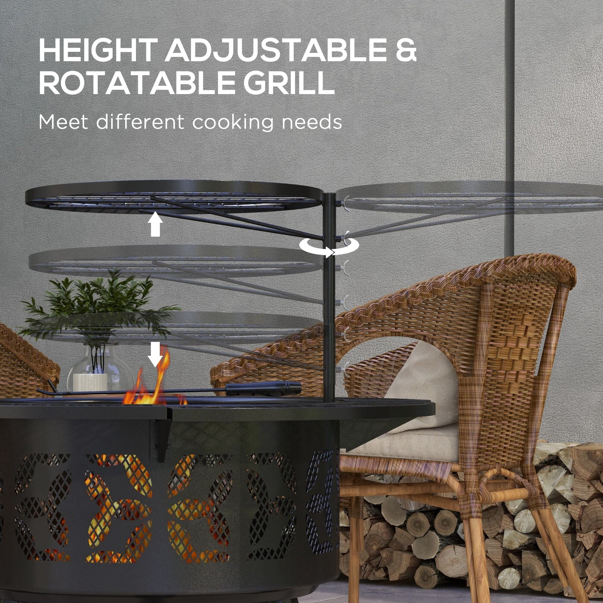 Outdoor Grill, 2-in-1 Fire Pit, BBQ Grill, 33" Portable Wood Burning Firepit with Adjustable Cooking Grate, Pan and Poker, Camping Bonfire Stove for Backyard, Patio, Picnic, Black, Black BBQ Grill
