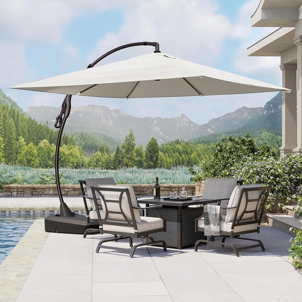everite grand patio 9 foot umbrella Grand Patio Deluxe 10x10 ft Cantilever Offset Umbrella with Weighted Base,  Tilt Crank, Light Gray