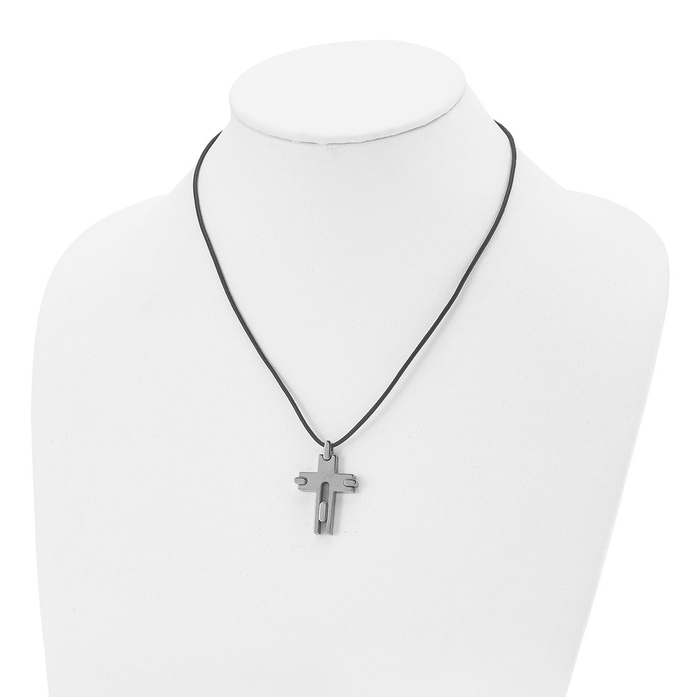 Diamond2Deal Titanium Polished Cross Leather Cord Necklace for Men 18"