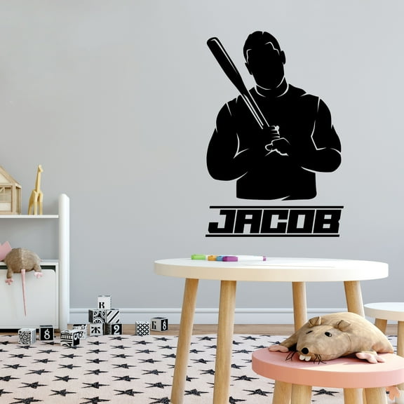 Sports Personalized Wall Decals for Boys Bedroom - Baseball Player Holding Baseball Bat on Shoulder Player DIY & Creativity Custom Name Wall Sticker - Size: 14 In x 20 In