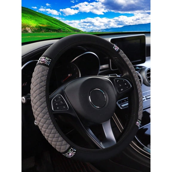LJing 1-Piece PU Leather 3D Embroidered Rhinestone Steering Wheel Cover, Blingbling Style For Women (14.5-15 Inches)