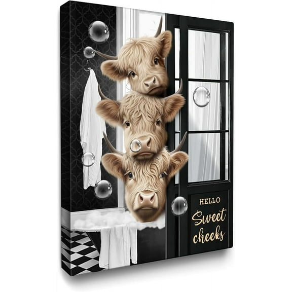 WFSposter Funny Highland Cow Bathroom Decor Wall Art Cute Cattle Cow in Bathtub Painting Black and White Bathroom Animals Wall Decor Framed Poster for Bathroom Toilet Decoration 12x16 inch