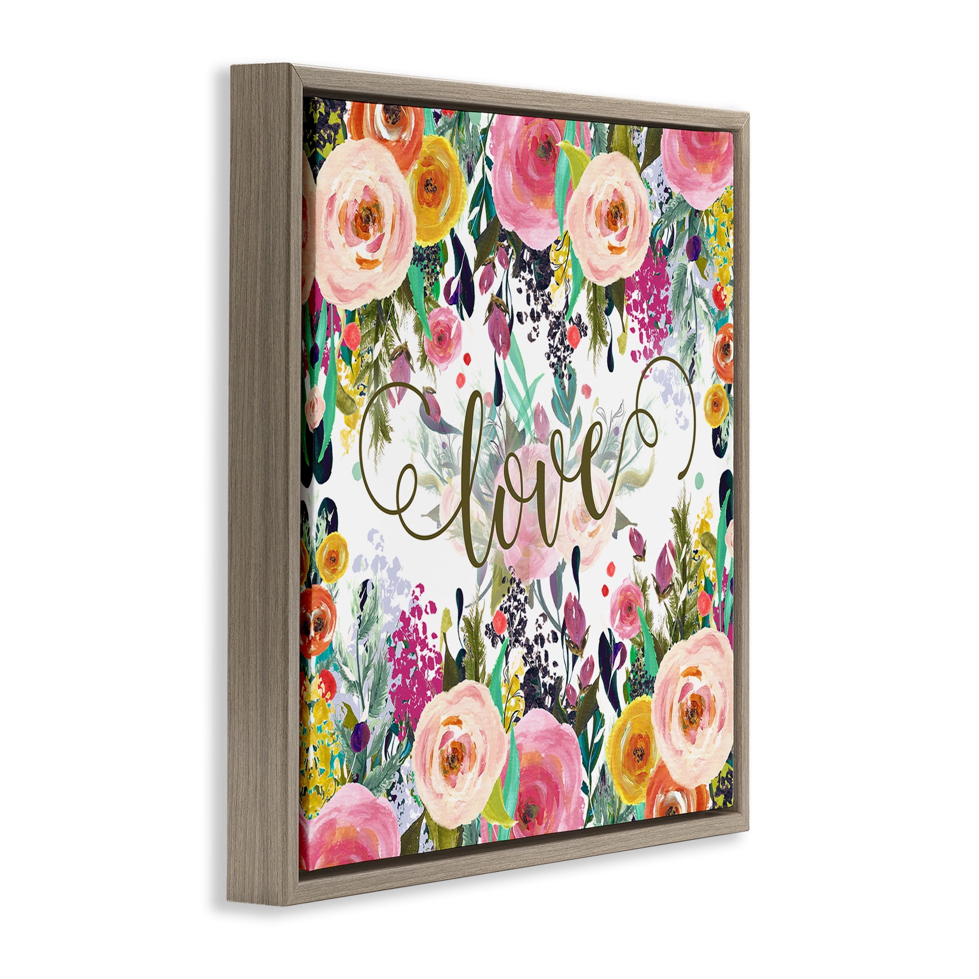 Stupell Industries Elegant Love Floral Pattern Botanical & Floral Painting Brown Floater Framed Canvas Art Print Wall Art, 18 x 18