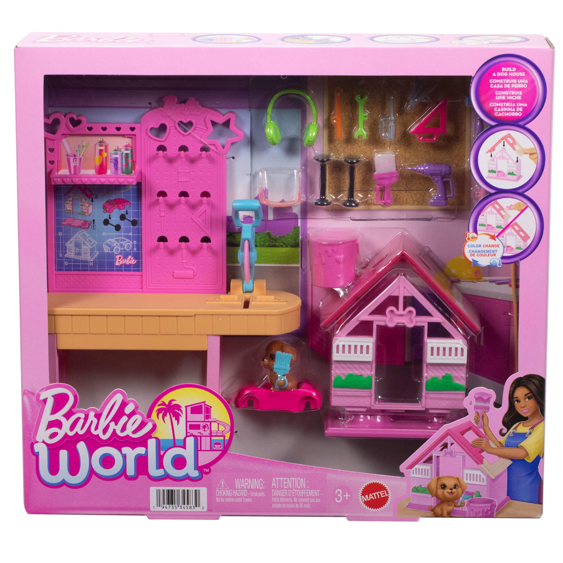 Barbie World Build-a-Doghouse Playset with Workbench, Buildable Doghouse & 15+ Accessories