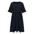 thumbnail image 4 of HAPIMO Women's Knee Length Cotton Linen Dress Solid Autumn Dresses Half Sleeve Round Neck Elegant Drop Waist Tiered Vintage Holiday Boho Navy S, 4 of 6