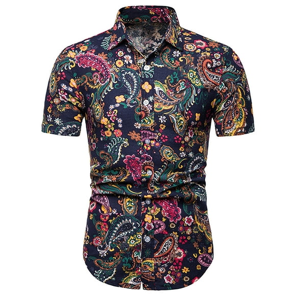 Babysbule Mens Shirts Clearance Men's Summer Fashion Casual Ethnic Style Beach Men's Short-Sleeved Shirt