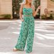 thumbnail image 3 of Conjunto de dos piezas con cintura alta elástica y blusa sin mangas fruncida para fiestas y uso informal, talla L, pantalón ancho con estampado floral verde, 3 of 8