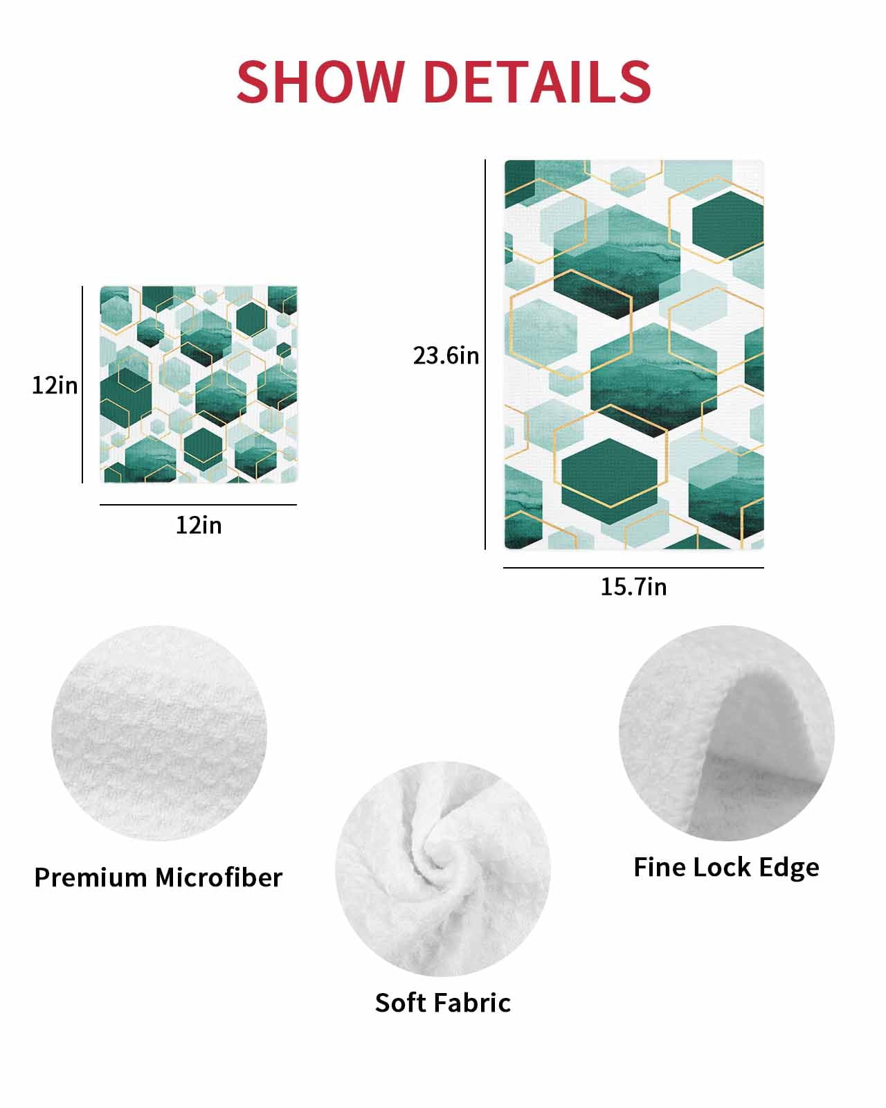 Turquoise Marble Kitchen Dish Towels for Drying Dishes Set of 2, Gold White Geometric Hexagon Modern Waffle Weave Microfiber Hand Tea Bathroom Towels Quick Dry & Absorbent Towel 15.7x23.6