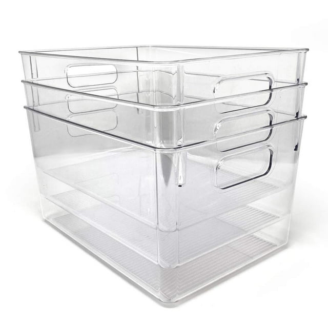 Isaac Jacobs 3-Pack Large Clear Storage Bins with Handles, Plastic Organizer for Home, Room, Office, Fridge, Kitchen/Pantry Non-Slip Container Set, Food Safe, BPA Free (3-Pack, Large)