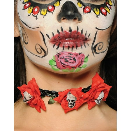 Day Of The Dead Red Rose Adult Womens Sugar Skull Choker Necklace